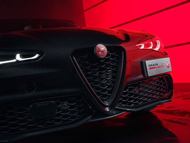 Scudetto in carbonio e logo Alfa Romeo rosso