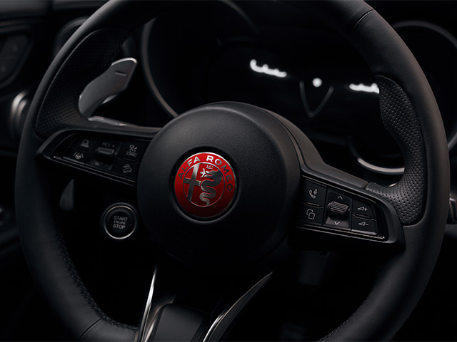 Logo Alfa Romeo rosso sul volante